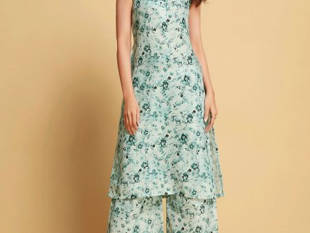 Sangria Green Floral Printed Sleeveless Straight Linen Kurta & Palazzo For Cheap