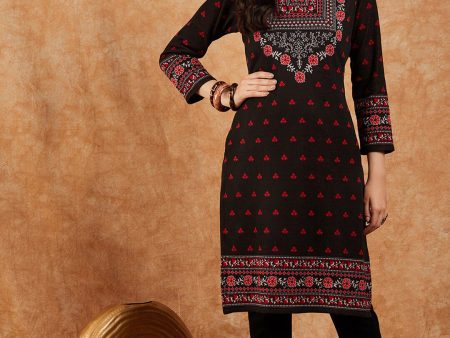 Sangria Floral Printed Mandarin Collar Winter Kurta & Trousers Cheap