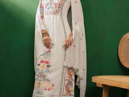 Sangria V-Neck Long Sleeves Thread Work Embroidered Kurta Sets For Sale