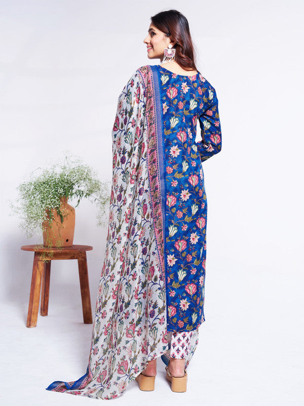 Malishka Women s Blue Cotton Blend Floral Printed Kurta Set With Dupatta - Blue Hot on Sale