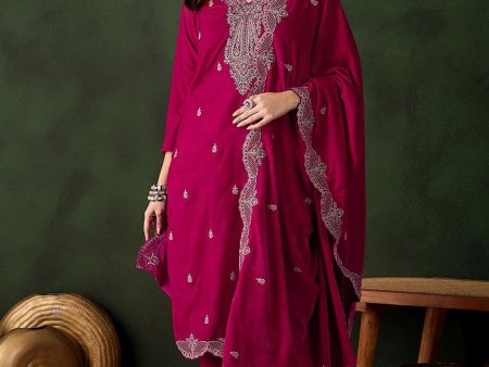 Sangria Floral Embroidered Straight Kurta & Trouser With Dupatta For Discount