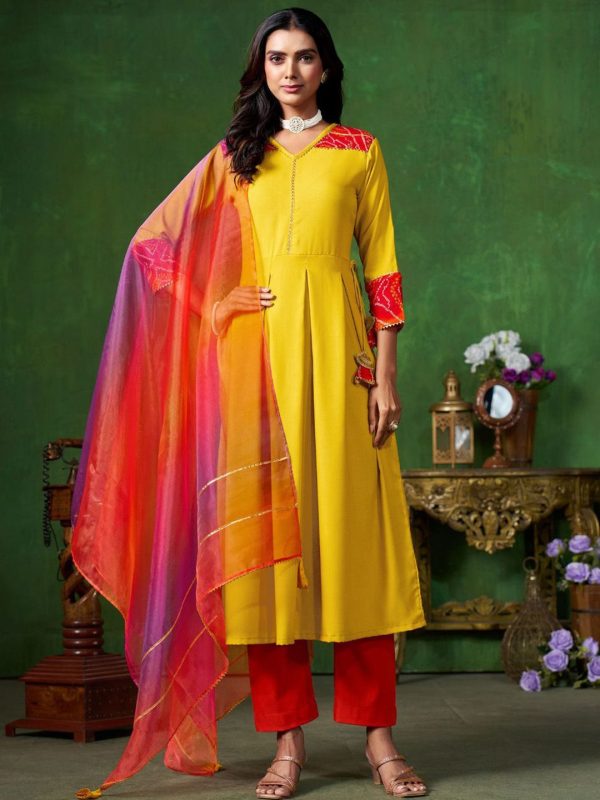 Sangria Yellow V-Neck Three-Quarter Sleeves Regular Gotta Patti Anarkali Kurta & Dupatta Supply