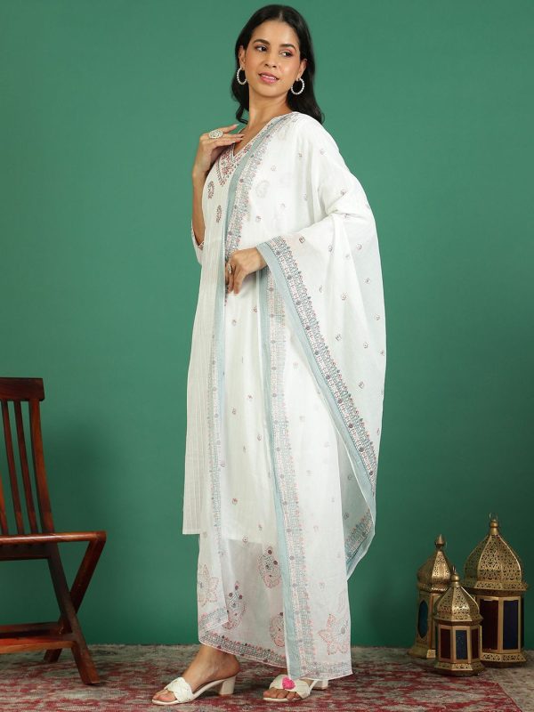 Sangria Printed Pure Cotton V- Neck Kurta & Trousers With Dupatta Cheap