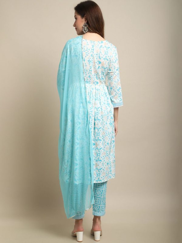 Sangria White & Blue Floral Printed Mirror Work A-Line Kurta With Trouser & Dupatta Sale