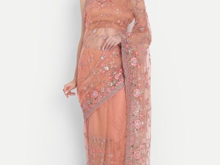 kasee Women Peach-Coloured Floral Embroidered Net Saree Online Sale