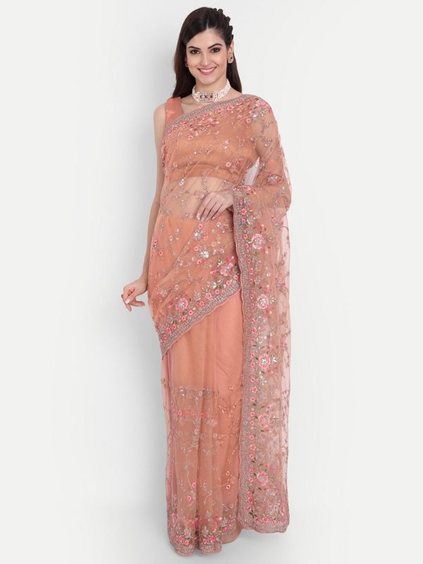 kasee Women Peach-Coloured Floral Embroidered Net Saree Online Sale