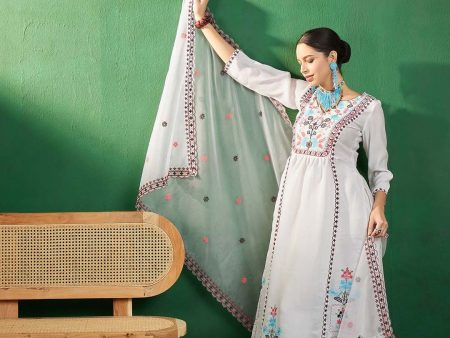 Sangria Off White Embroidered A-Line Kurta With Trouser & Dupatta Online Sale