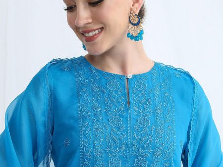 Vishudh Blue Floral Embroidered Keyhole Neck Straight Kurta & Palazzos With Dupatta Cheap