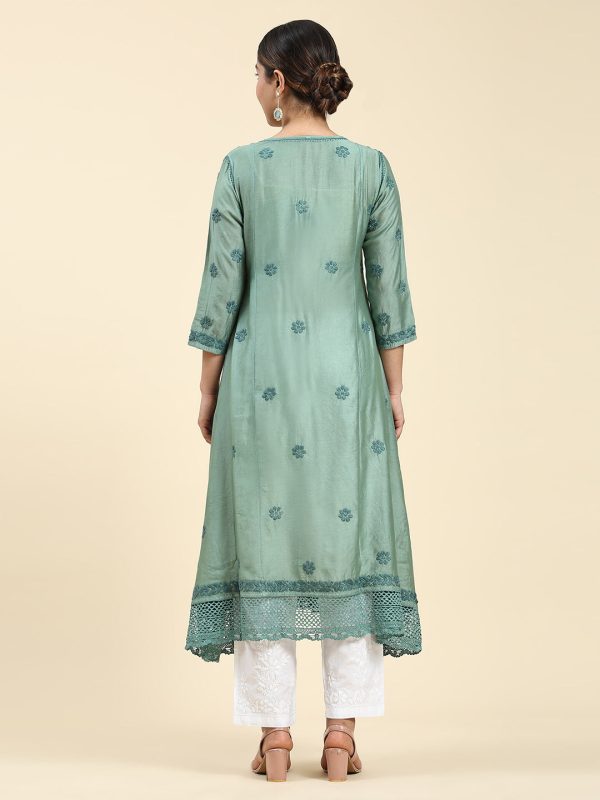 HOUSE OF KARI Embroidered Chikankari Chanderi Silk Anarkali Kurta on Sale