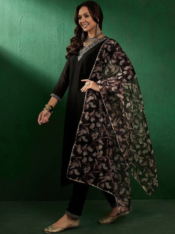 Sangria Floral Embroidered Straight Kurta With Trouser & Dupatta Online now