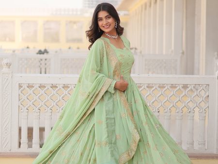 Sonakshi Women s Pista Green Faux Georgette Sequins Zari Embroidered Anarkali Dress with Dupatta Online