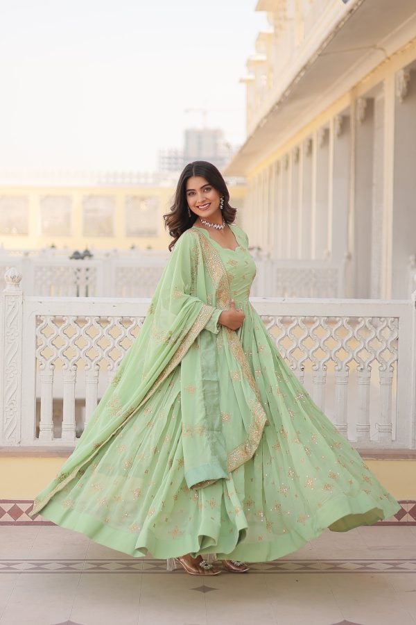 Sonakshi Women s Pista Green Faux Georgette Sequins Zari Embroidered Anarkali Dress with Dupatta Online