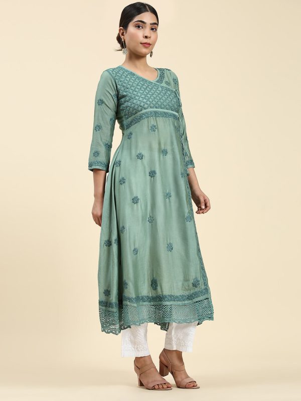 HOUSE OF KARI Embroidered Chikankari Chanderi Silk Anarkali Kurta on Sale