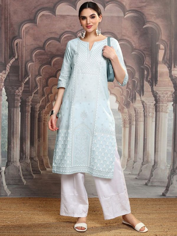 Vishudh Blue Ethnic Motifs Printed Notch Neck Straight Kurta Sale