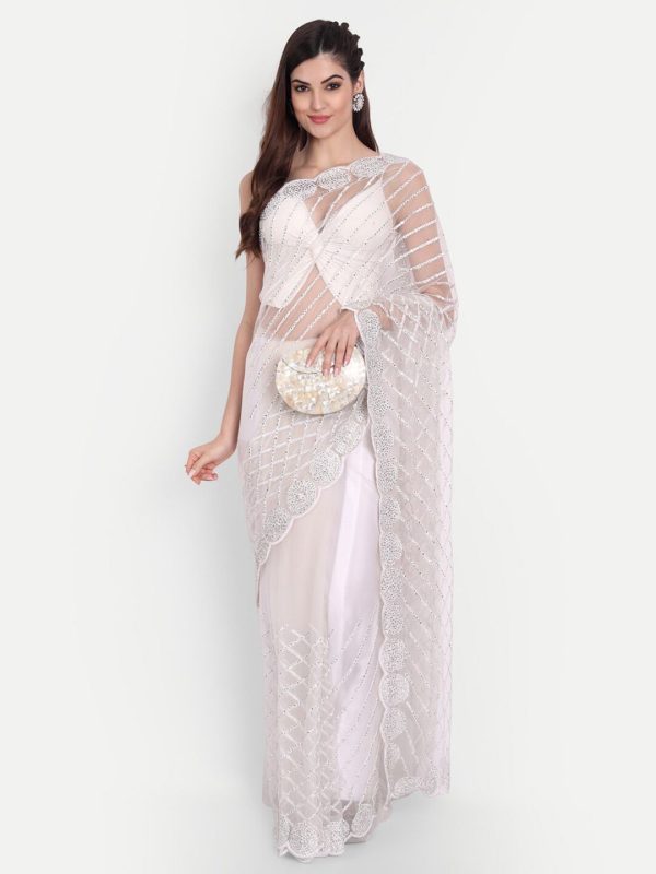 kasee Women White Floral Embroidered Net Saree Cheap