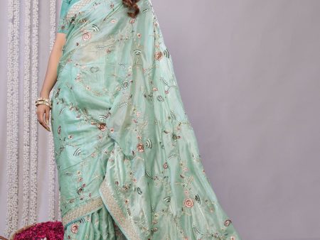 Blue Satin Silk Embroidered Saree With Stitched Blouse - Nimaya Kaksha Online Hot Sale