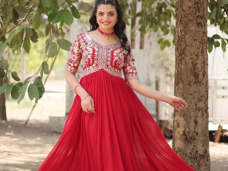 Sonakshi Women s Red Faux Blooming Sequins with Zari Embroidered Long Anarkali Dress Fashion