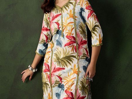 Sangria Floral Printed V-Neck Straight Kurta Fashion