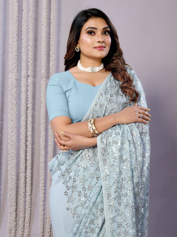 Sky Blue Pure Georgette Embroidered Saree With Stitched Blouse - Nimaya Kaksha Hot on Sale