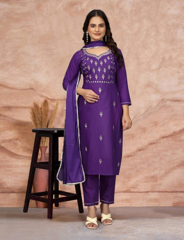 Malishka Women s Embroidered Cotton Blend Kurti With Pant & Dupatta Set - Purple Fashion