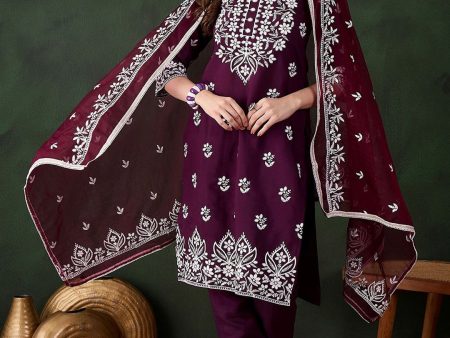 Sangria Purple Floral Embroidered Thread Work Pure Cotton Kurta & Trouser With Dupatta For Sale