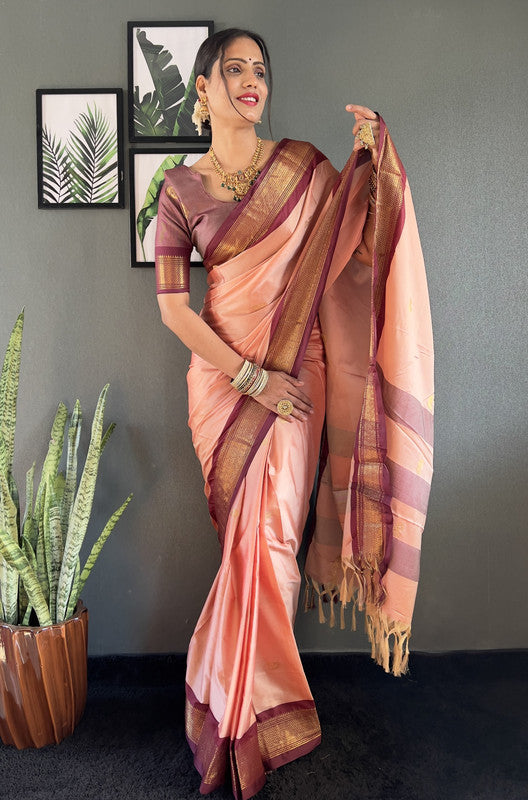 Malishka Export Cotton Silk Woven Ready To Wear Saree With Blouse Piece - Brown Online now