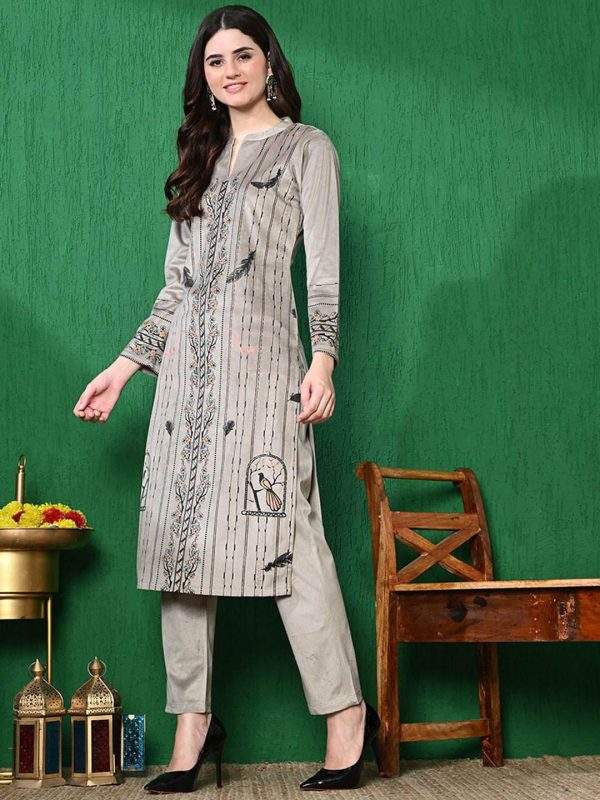 Sangria Printed Winter Velvet Kurta With Trouser For Sale