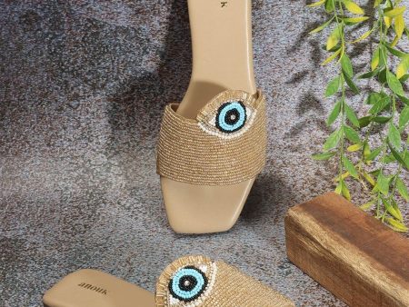 Anouk Beige Embellished Evil Eye Classic Open Toe Flats Fashion