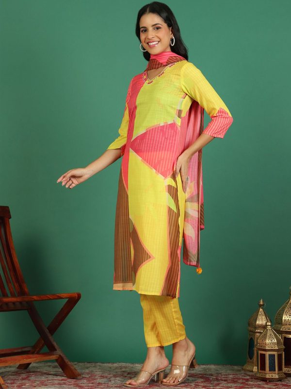 Sangria Printed V- Neck Kurta & Trousers With Dupatta For Sale