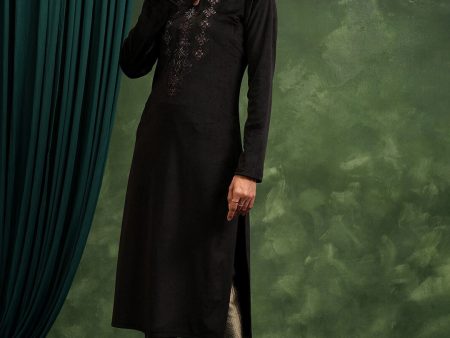 Vishudh Black Ethnic Motifs Yoke Design Embroidered Keyhole Neck Straight Kurta For Discount