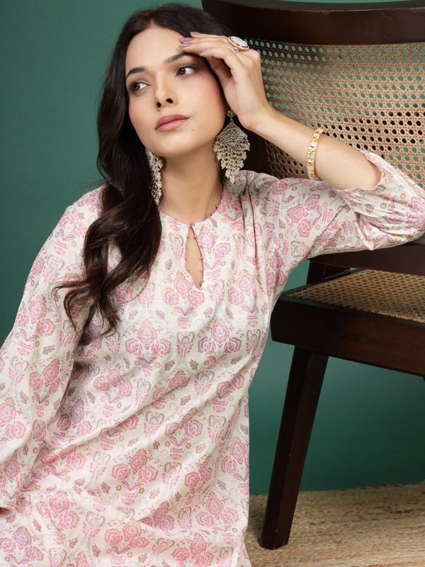 Sangria Floral Printed Cotton Notch Neck Straight Kurta Cheap