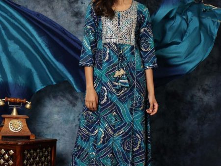 Sangria Bandhani Print & Embroidered Kurta Palazzo & Dupatta Set on Sale