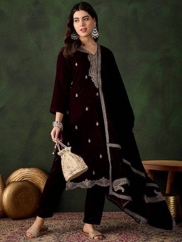 Sangria Floral Embroidered Straight Kurta & Trousers With Dupatta Online Sale