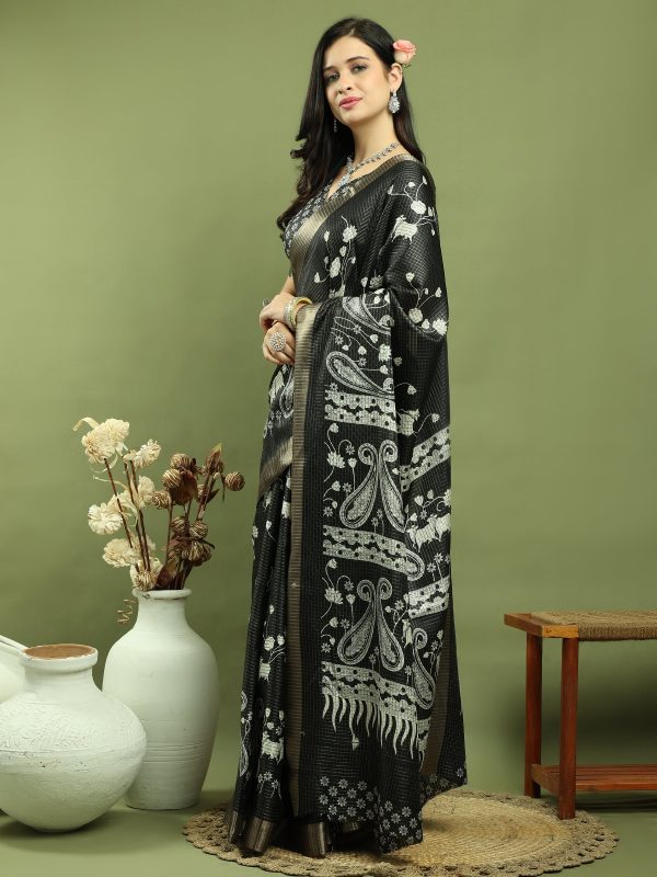 Jyoti Fashion Women s Black Silk Blend Floral Print with Checks Jari Weaving Saree with Blouse Discount