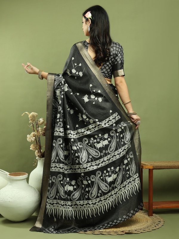 Jyoti Fashion Women s Black Silk Blend Floral Print with Checks Jari Weaving Saree with Blouse Discount