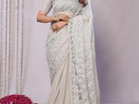 Grey Glass Tissue, Net Embroidered Saree With Stitched Blouse - Nimaya Kaksha Discount