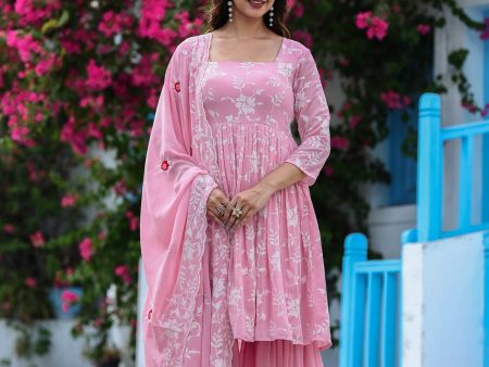 Jyoti Fashion Women s Baby Pink Faux Georgette Resham Embroidered Peplum Sharara Set For Sale