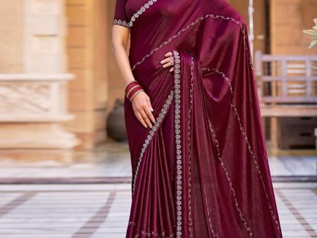 Jyoti Fashion Women s Maroon Shimmer Chiffon Embellished Border with Crystal Lines Saree with Blouse Discount