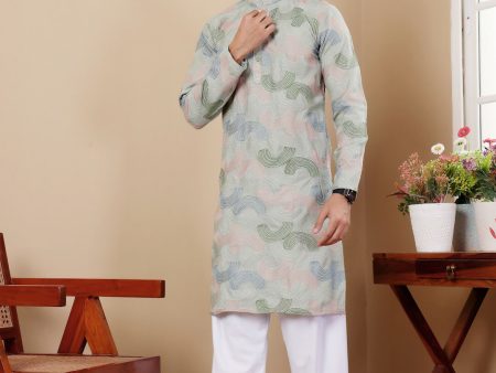 Pistel Green Linen Designer Embroidery Work Men s Rajwadi Kurta Set - Mahotsav on Sale