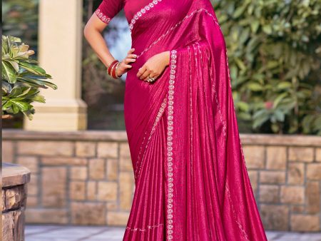 Jyoti Fashion Women s Magenta Shimmer Chiffon Embellished Border with Crystal Lines Saree with Blouse Cheap