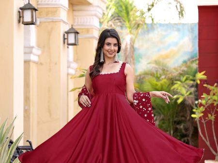 Jyoti Fashion Women s Cherry Red Satin Silk Lace Work Gown with Dupatta Set Fashion