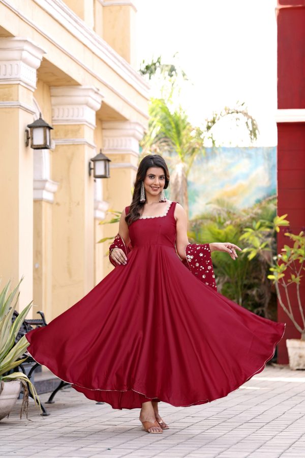 Jyoti Fashion Women s Cherry Red Satin Silk Lace Work Gown with Dupatta Set Fashion