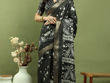 Jyoti Fashion Women s Black Silk Blend Floral Print with Checks Jari Weaving Saree with Blouse Discount