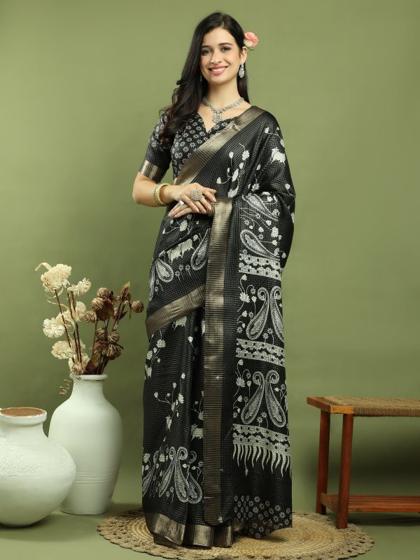 Jyoti Fashion Women s Black Silk Blend Floral Print with Checks Jari Weaving Saree with Blouse Discount