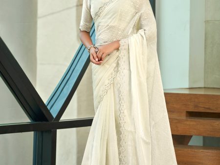 Jyoti Fashion Women s Cream Silk Blend Embellished Border with Beads & Crystal Cutwork Saree with Blouse Sale