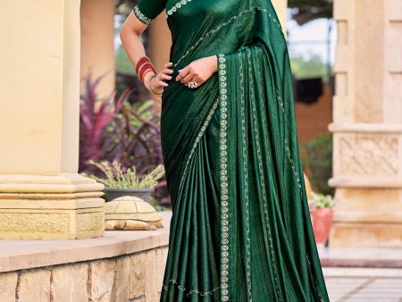 Jyoti Fashion Women s Green Shimmer Chiffon Embellished Border with Crystal Lines Saree with Blouse Discount