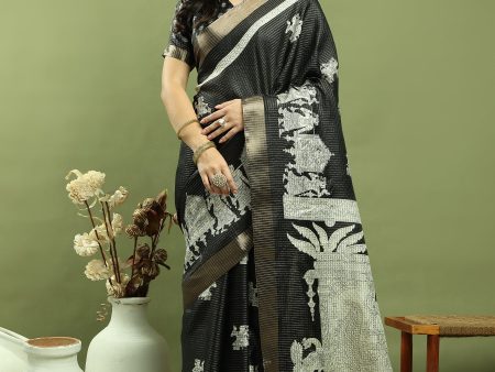 Jyoti Fashion Women s Black Silk Blend Print with Checks Jari Weaving Pattrn Saree with Blouse Sale