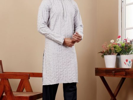 Light Blue Linen Designer Embroidery Work Men s Rajwadi Kurta Set - Mahotsav on Sale