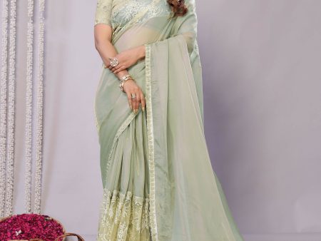 Green Glass Tissue, Net Embroidered Saree With Stitched Blouse - Nimaya Kaksha For Cheap