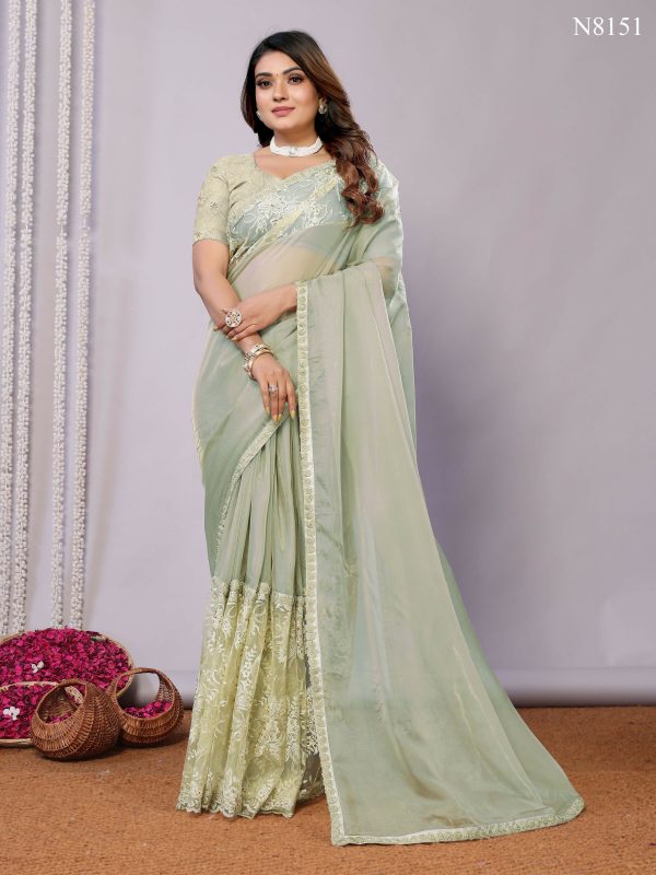 Green Glass Tissue, Net Embroidered Saree With Stitched Blouse - Nimaya Kaksha For Cheap